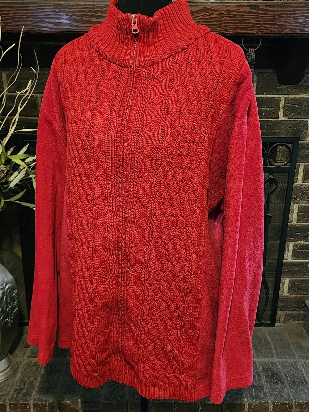 Women's Red Cable-Knit Zip-Up Sweater Jacket